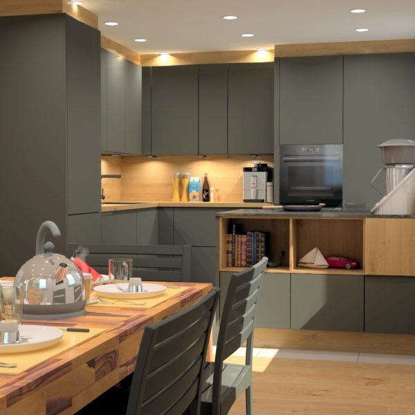 Black and wood kitchen with ceramic worktop