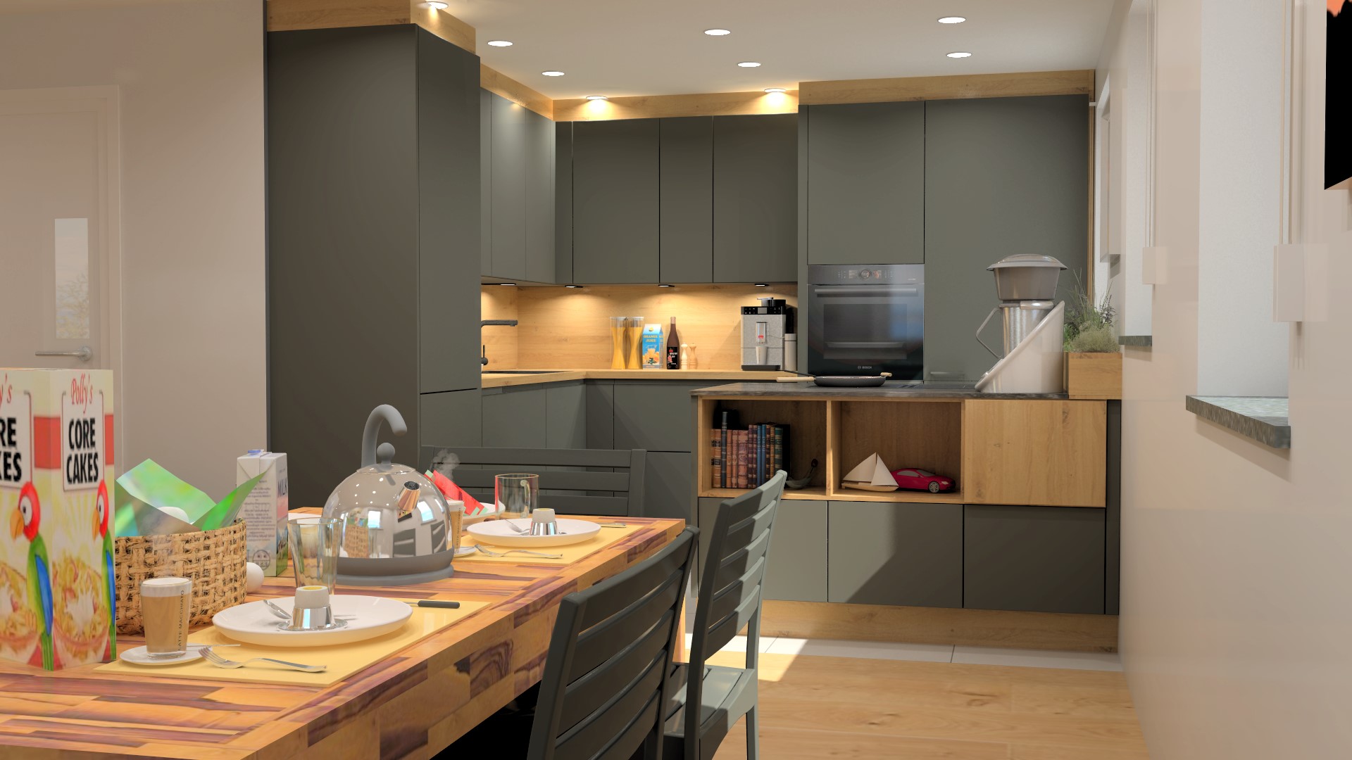 Black and wood kitchen with ceramic worktop