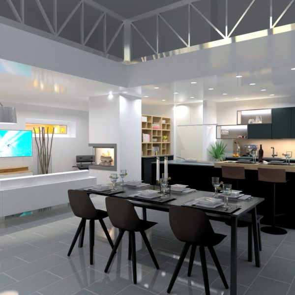 Black kitchen in gallery apartment